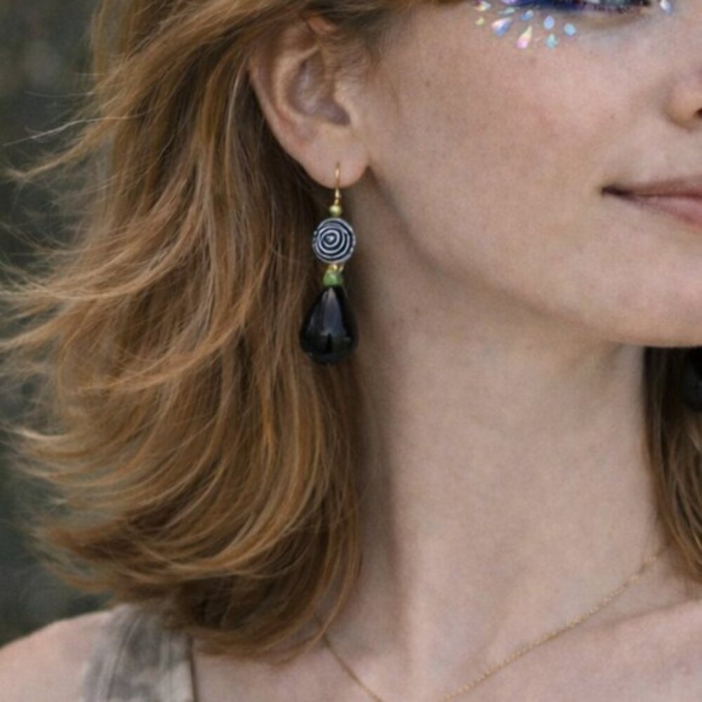 Patch & Roam Upcycled glass Psychadelic swirl black tear drop dangle earrings